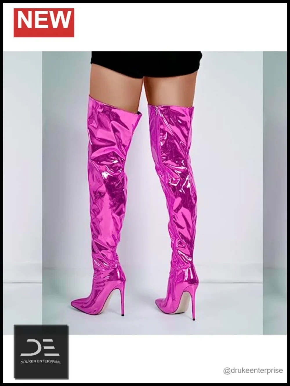 Metallic Thigh High Boots Side Zip Pointed Toe Stiletto Heels Over Knee